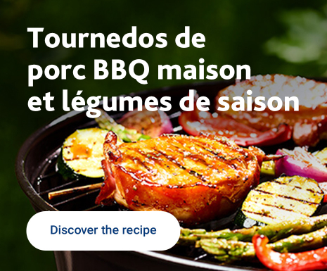 Homemade BBQ pork tournedos with seasonal vegetables.